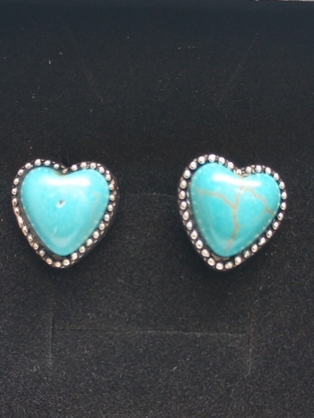 Turquoise Heart Stud Earrings with Silvertone Border